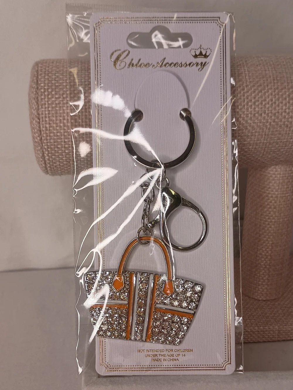 Women's Rhinestone Orange Handbag Purse Keychain | SILVER Tone Bag Charm